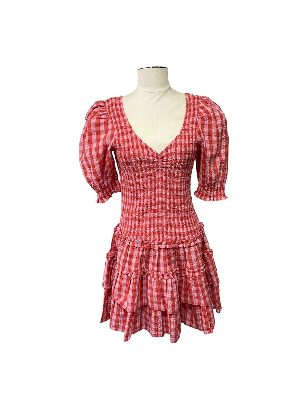 Caroline Constas Red/Pink Gingham Smocked Puff Sleeve V-Neck Mini Dress XS dd1